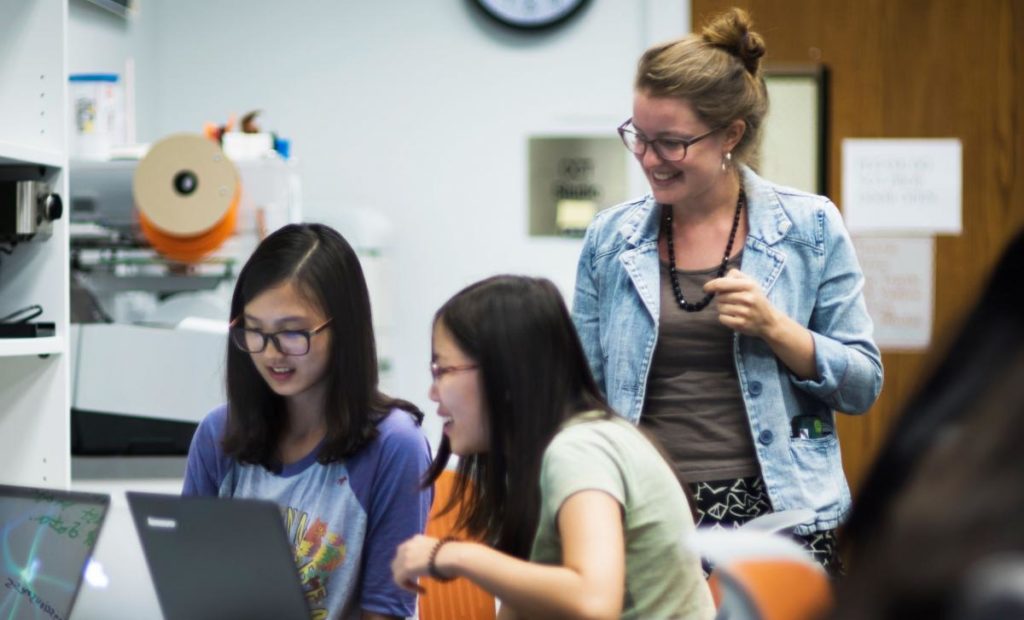 Three students during a Car Barn Labs workshop